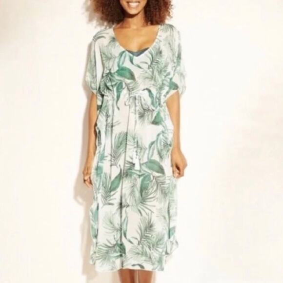 Kona Sol  Brand White Green Palm Midi Length Kaftan Cover Up Women's Medium - Picture 1 of 3